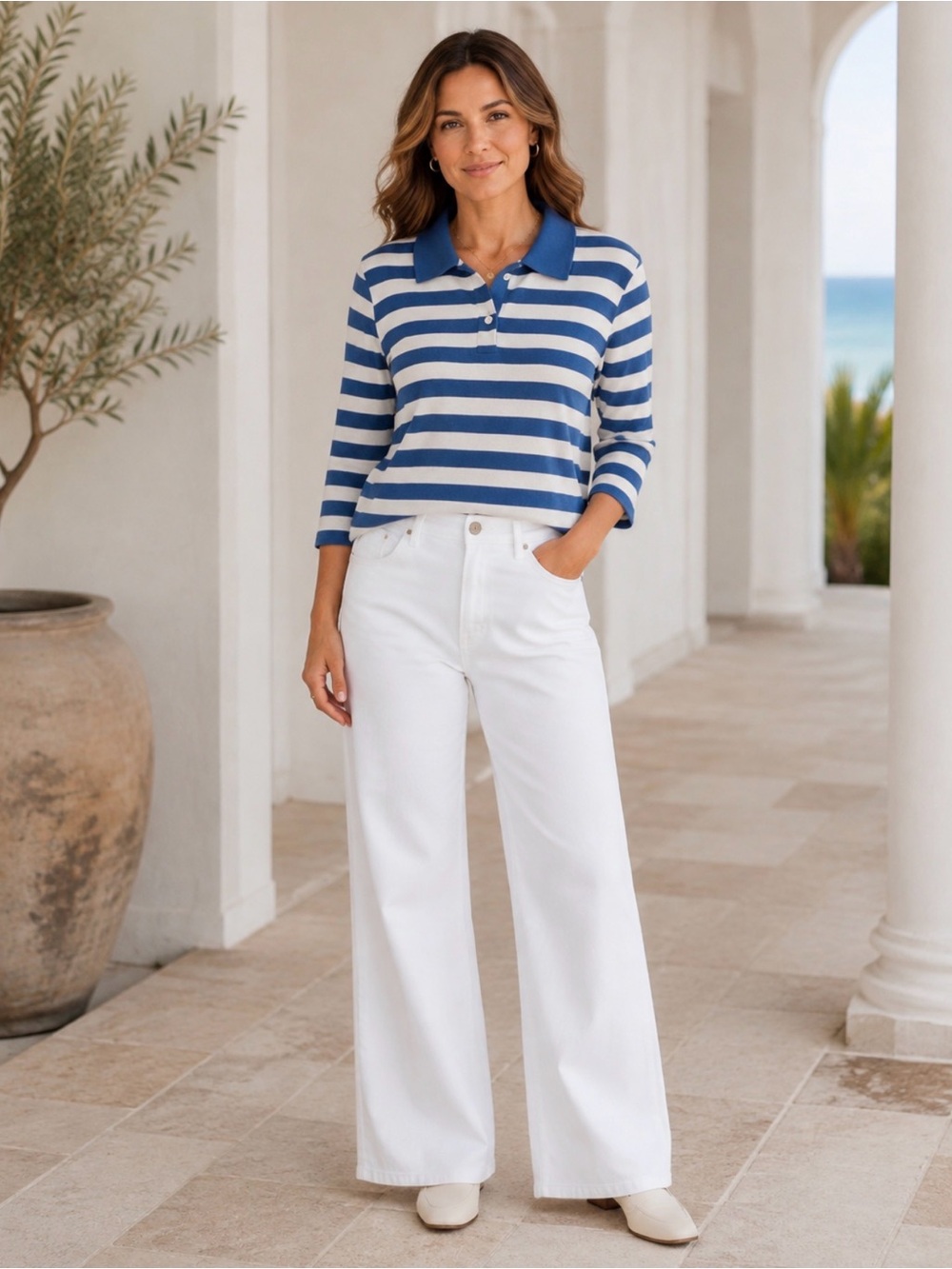 Croft & Barrow Blue White Striped 3/4 Sleeve Polo Shirt Women’s XL